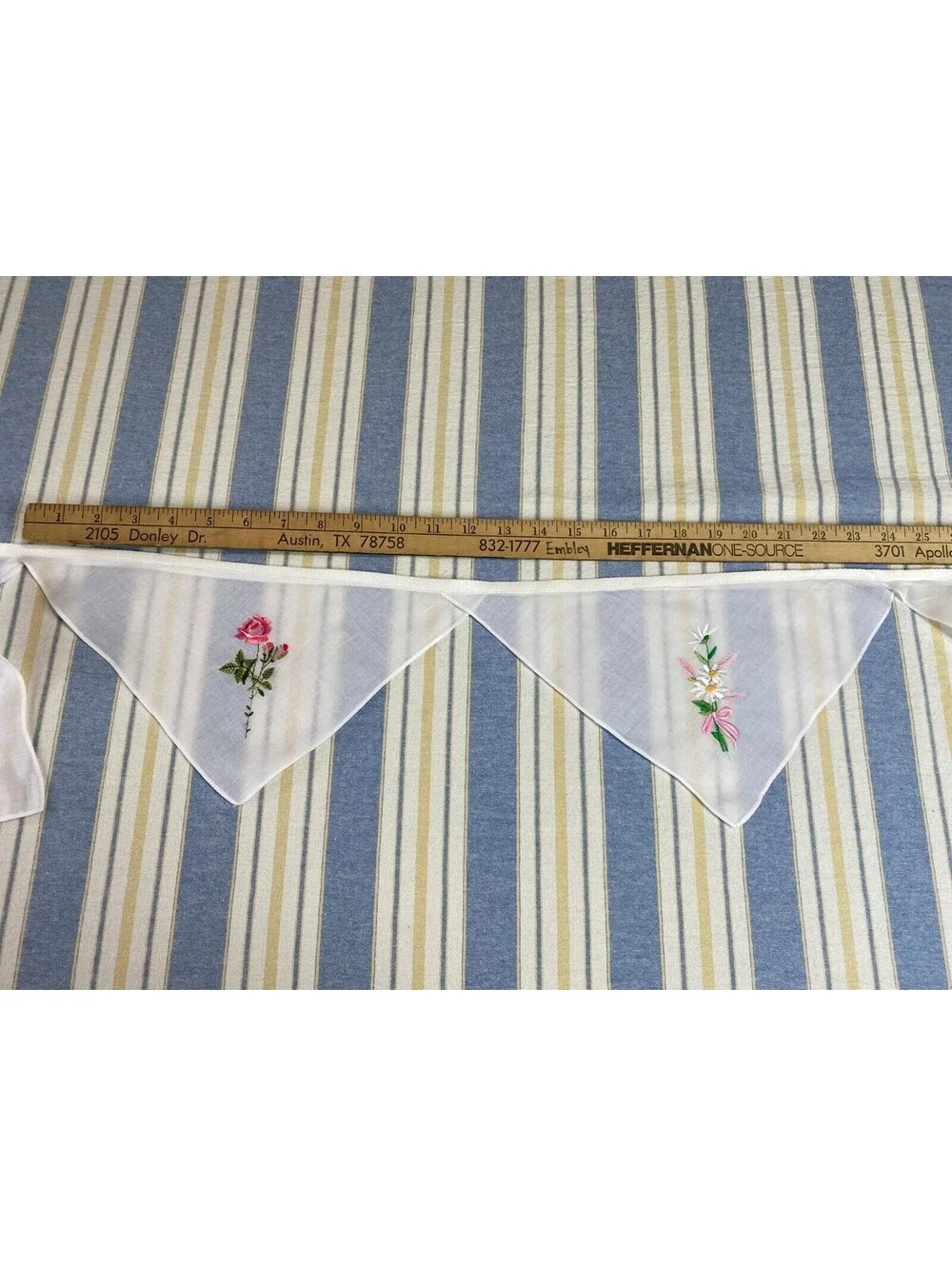 Vintage Handkerchief Bunting Garland Hankie Banner Handmade Flowers Pink Purple